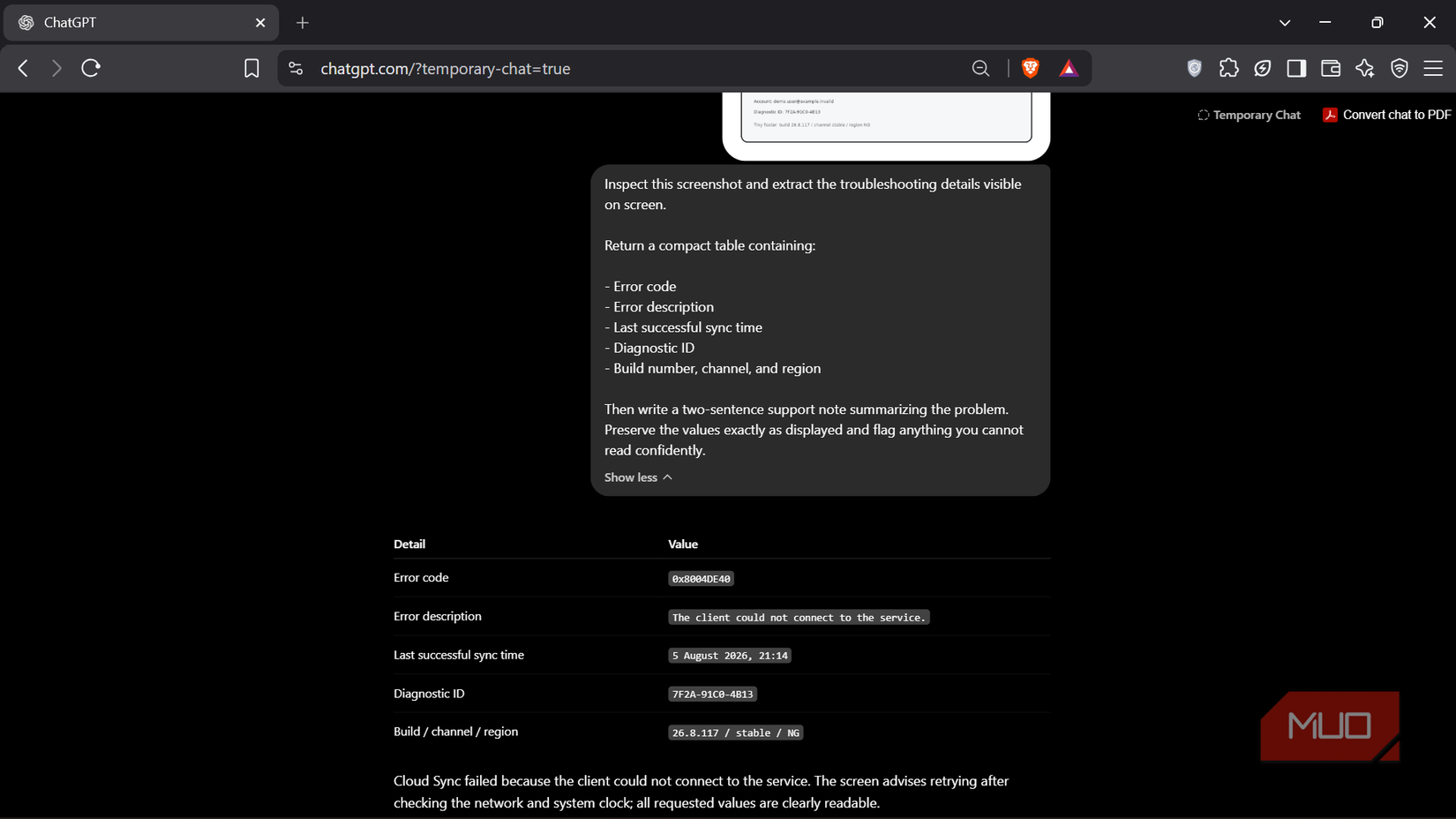 ChatGPT session showing error code and troubleshooting details