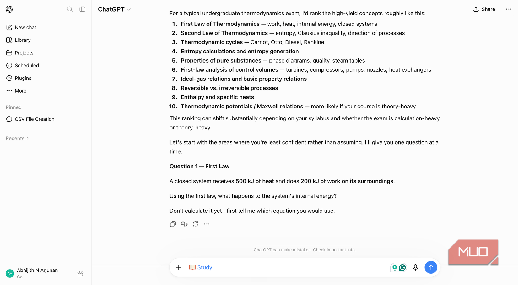 ChatGPT Study Mode showing the response to a cramming preparation prompt