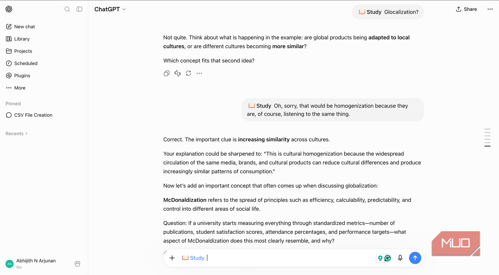 ChatGPT study mode showing the fluency prompt