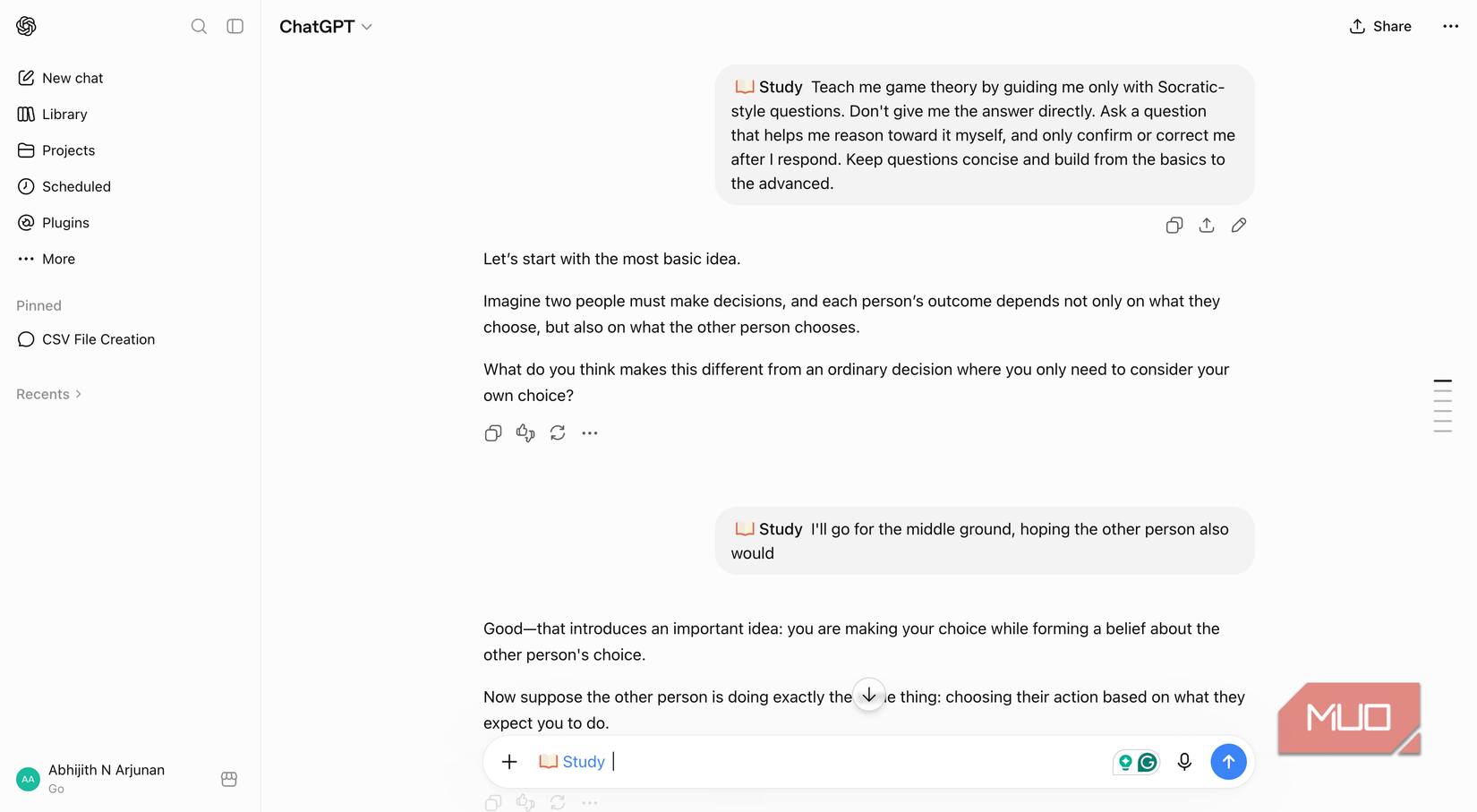 ChatGPT study mode showing the response for the Socratic question method