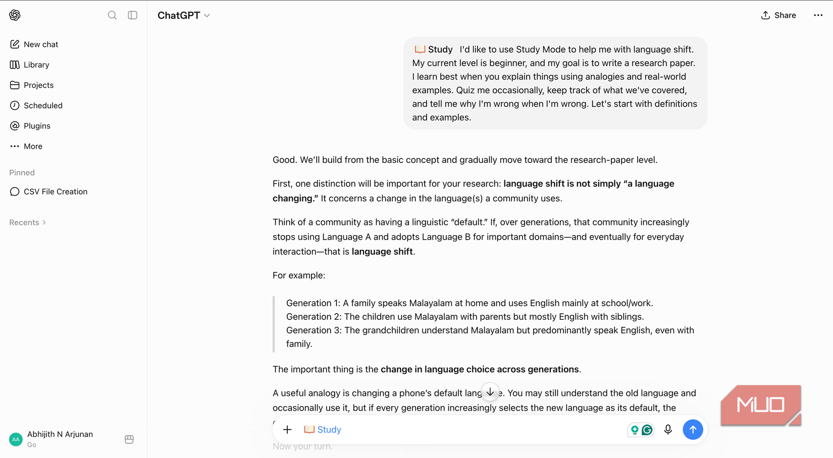 ChatGPT showing the response to the setup prompt for learning