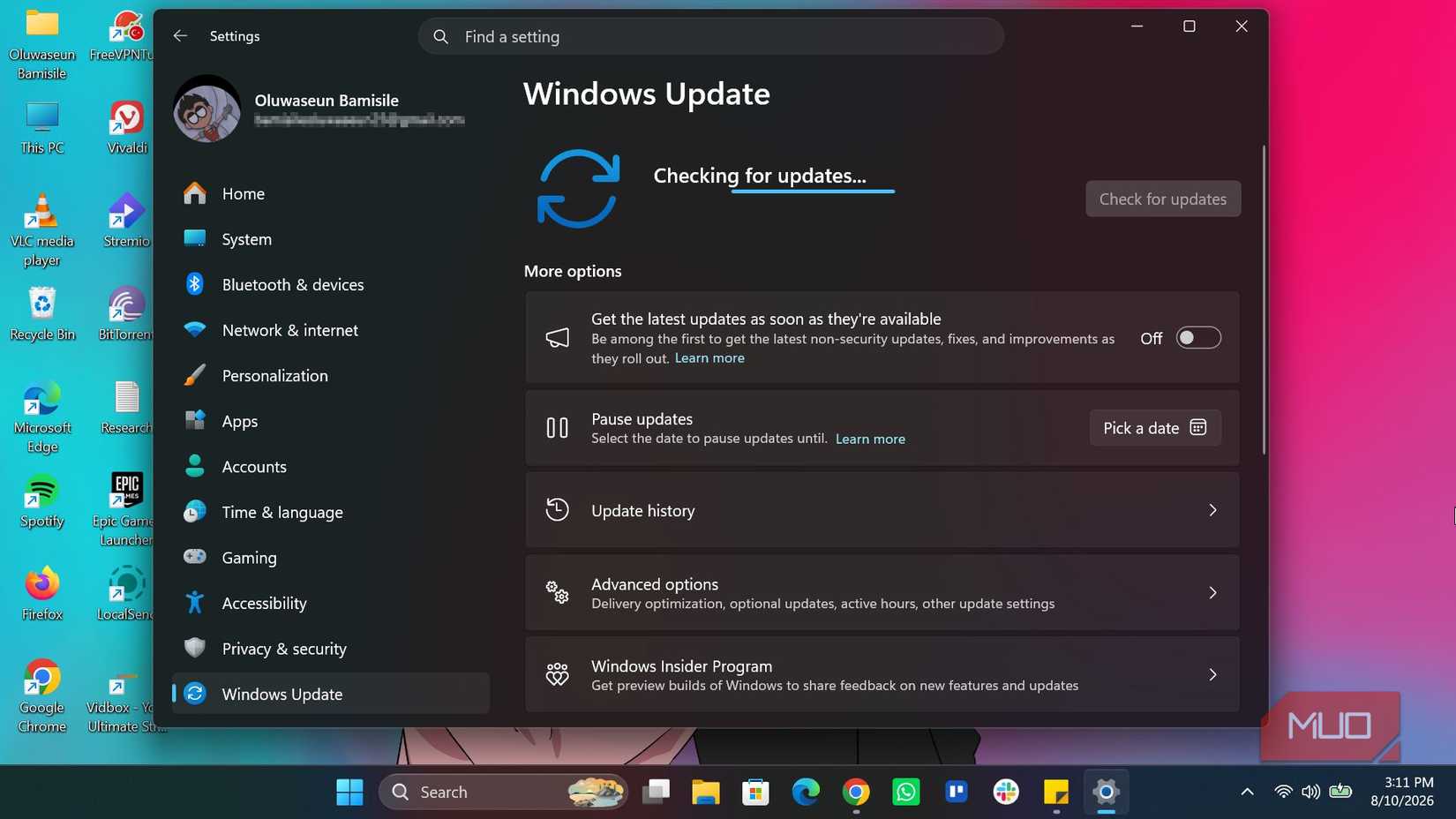 Checking for Windows update