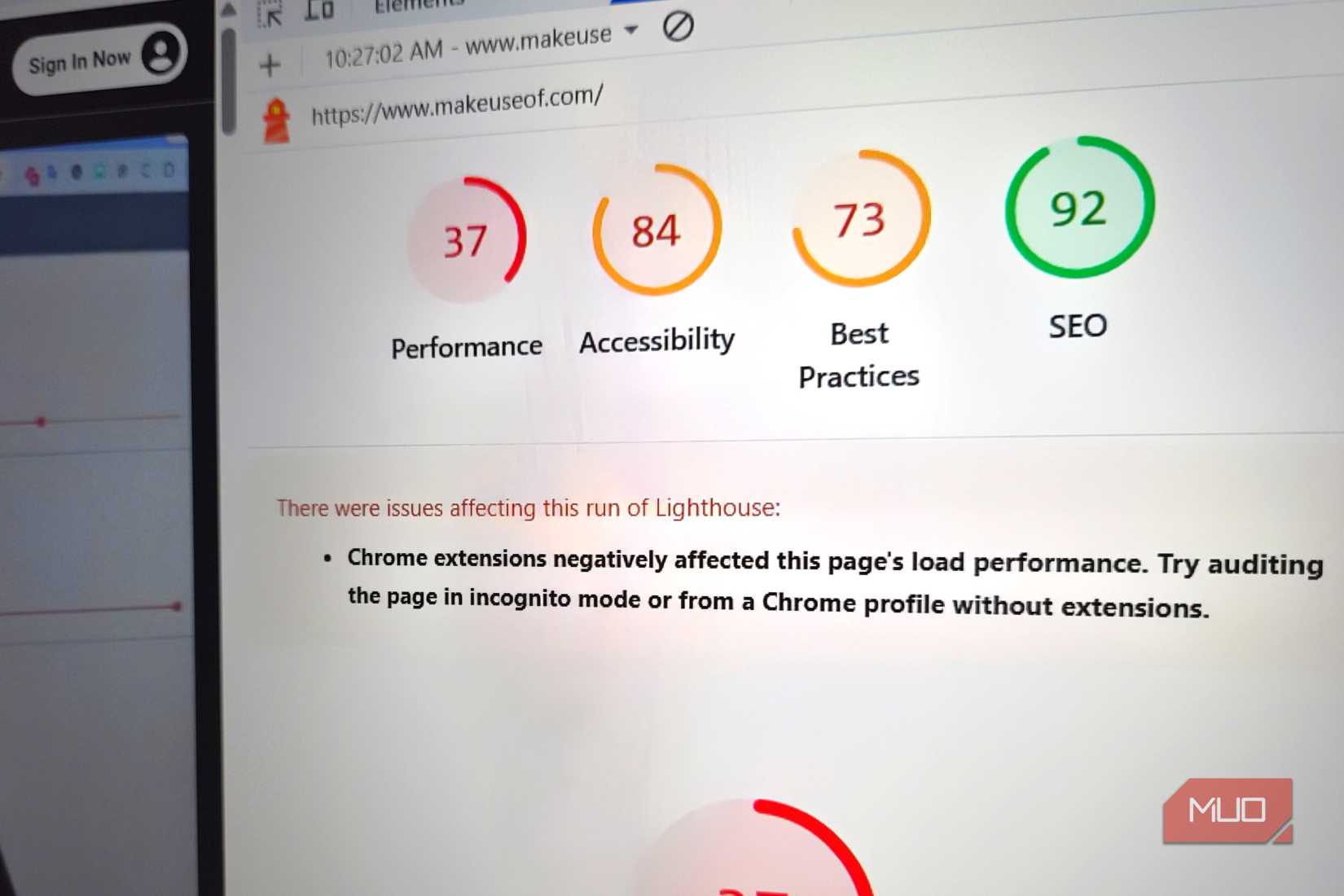 Chrome browser showing lighthouse speed test