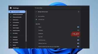 Chrome sync settings menu showing Customize sync selected with partial sync toggles enabled