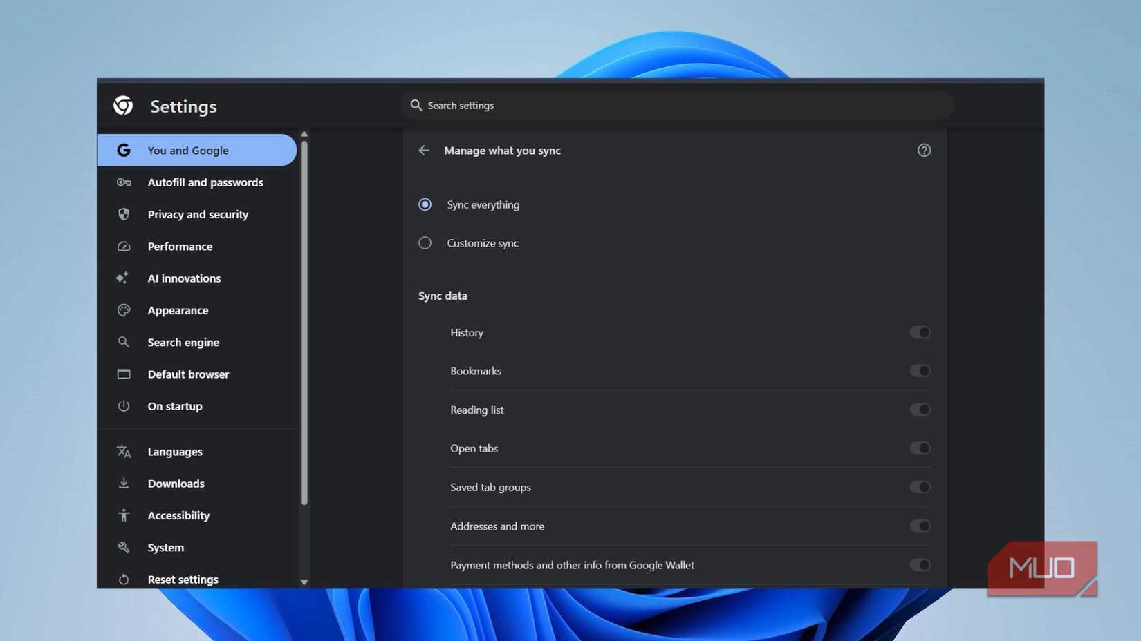 Google Chrome data sync options 