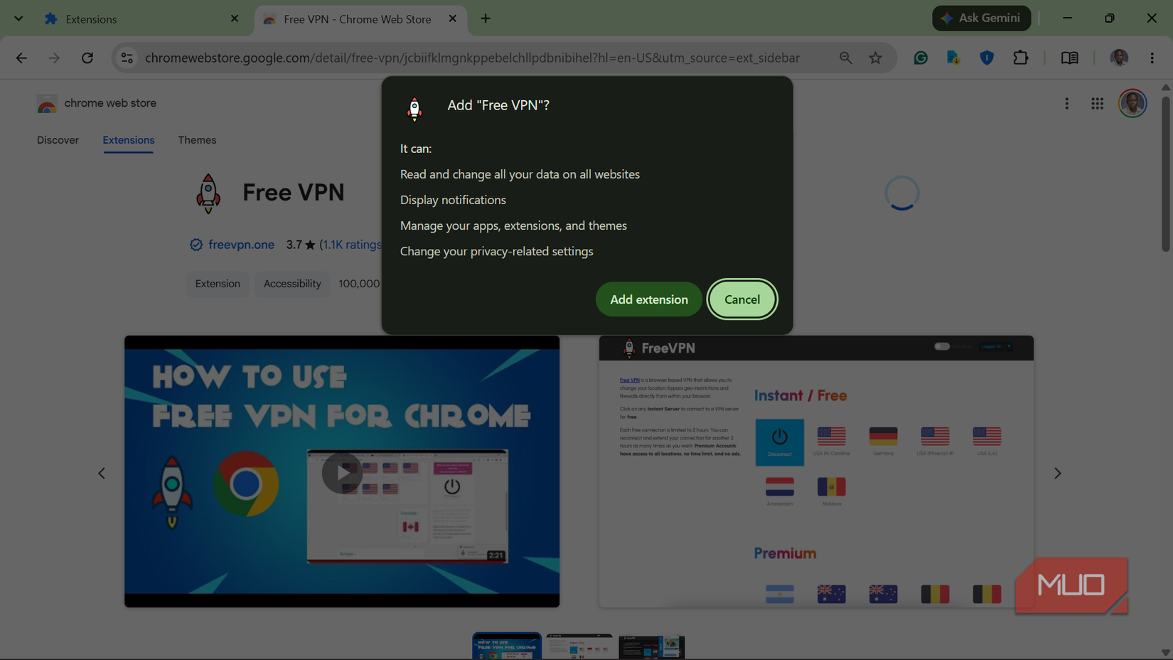 Chrome extension installation prompt for Free VPN.