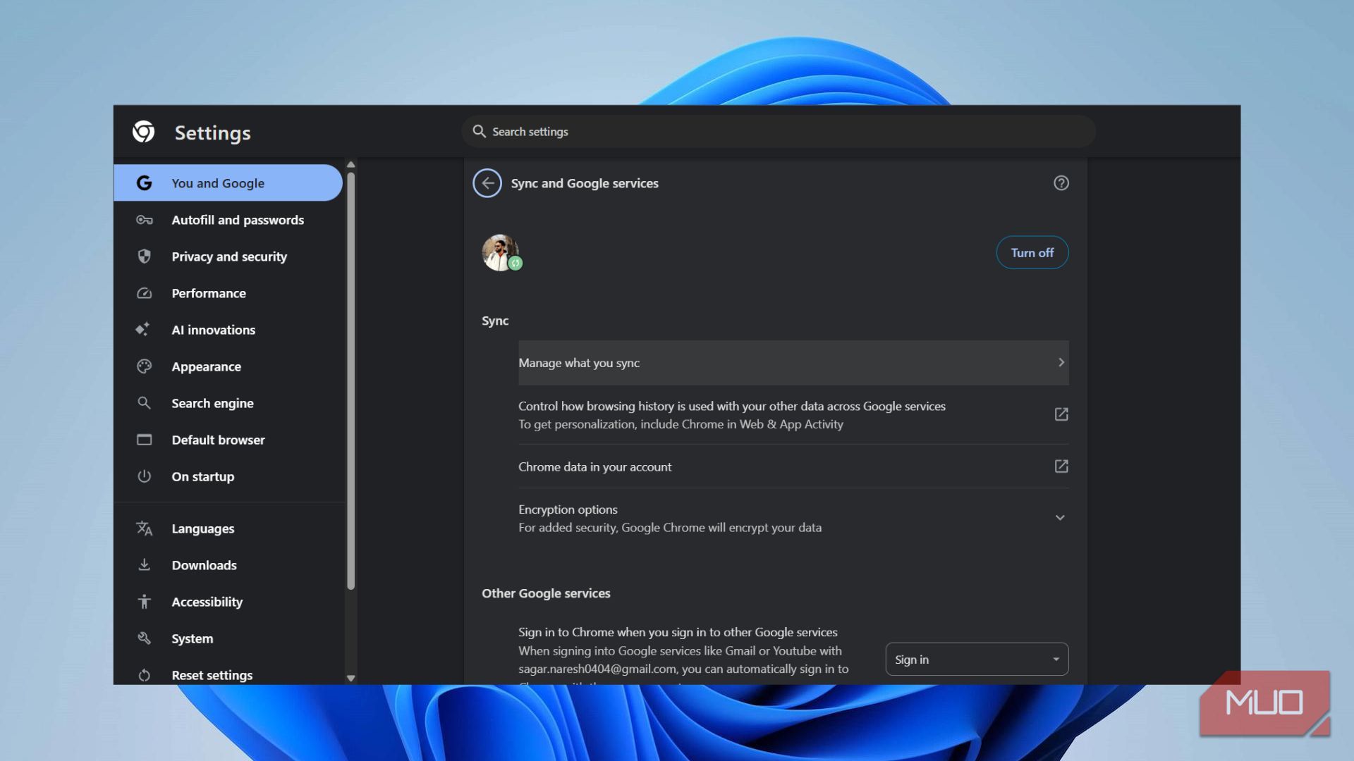 Chrome settings page showing Sync and Google services with Manage what you sync highlighted