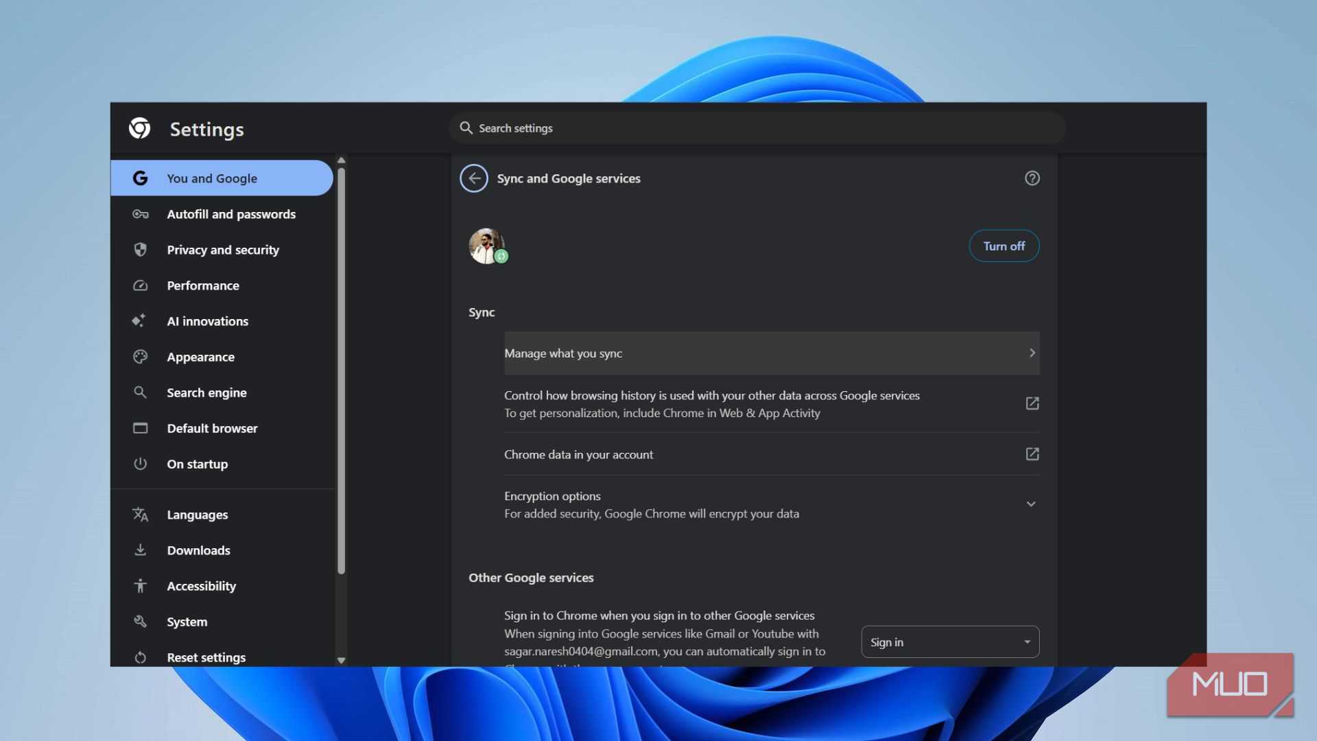 Chrome settings page showing Sync and Google services with Manage what you sync highlighted