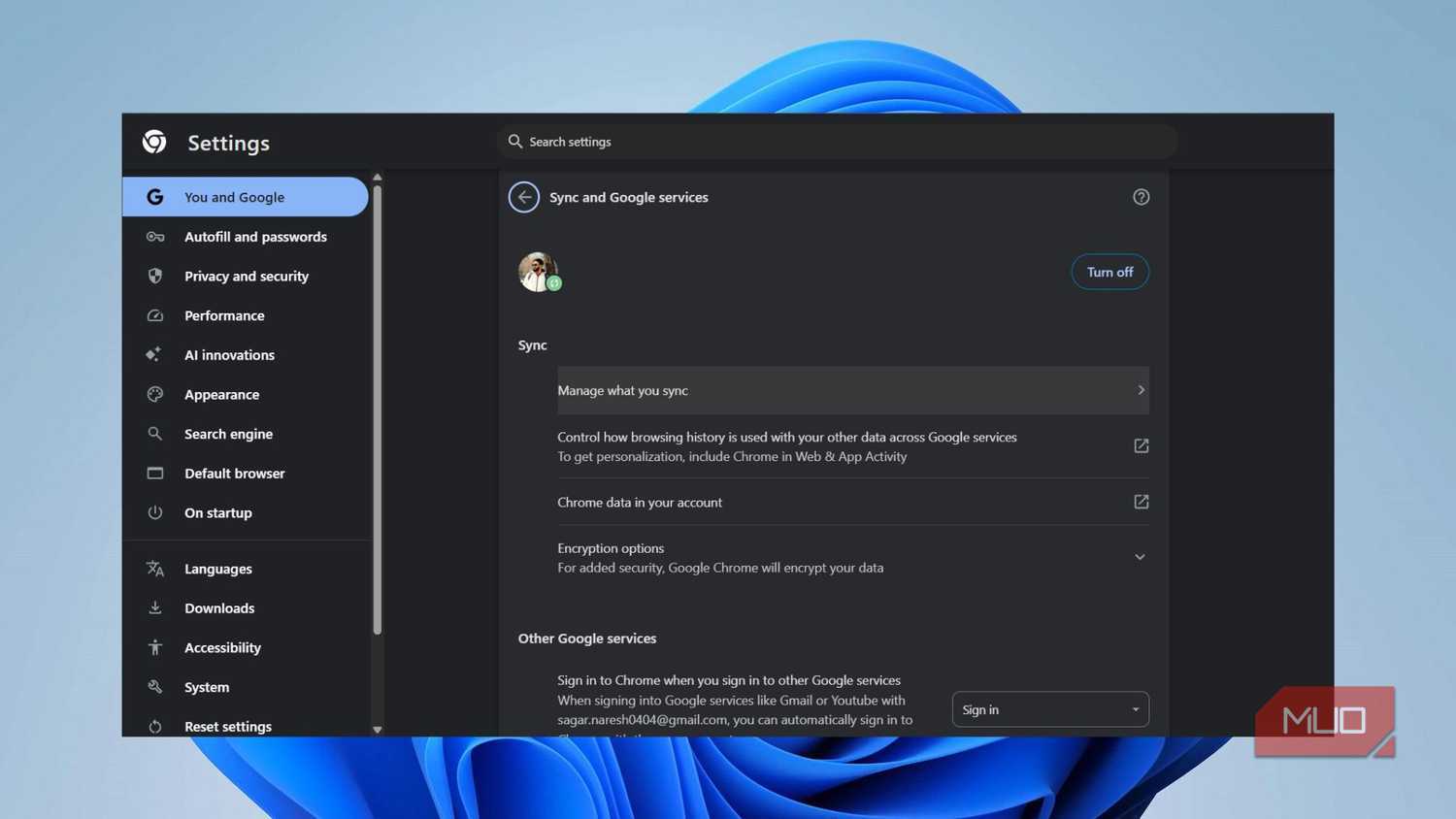Chrome settings page showing Sync and Google services with Manage what you sync highlighted