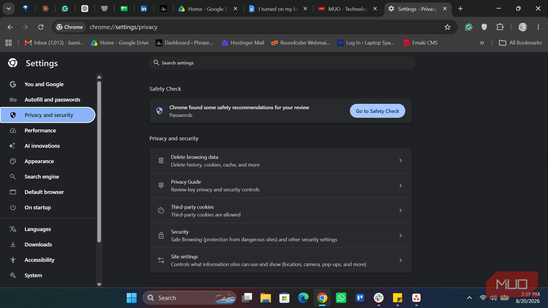 Chrome Privacy and security setting