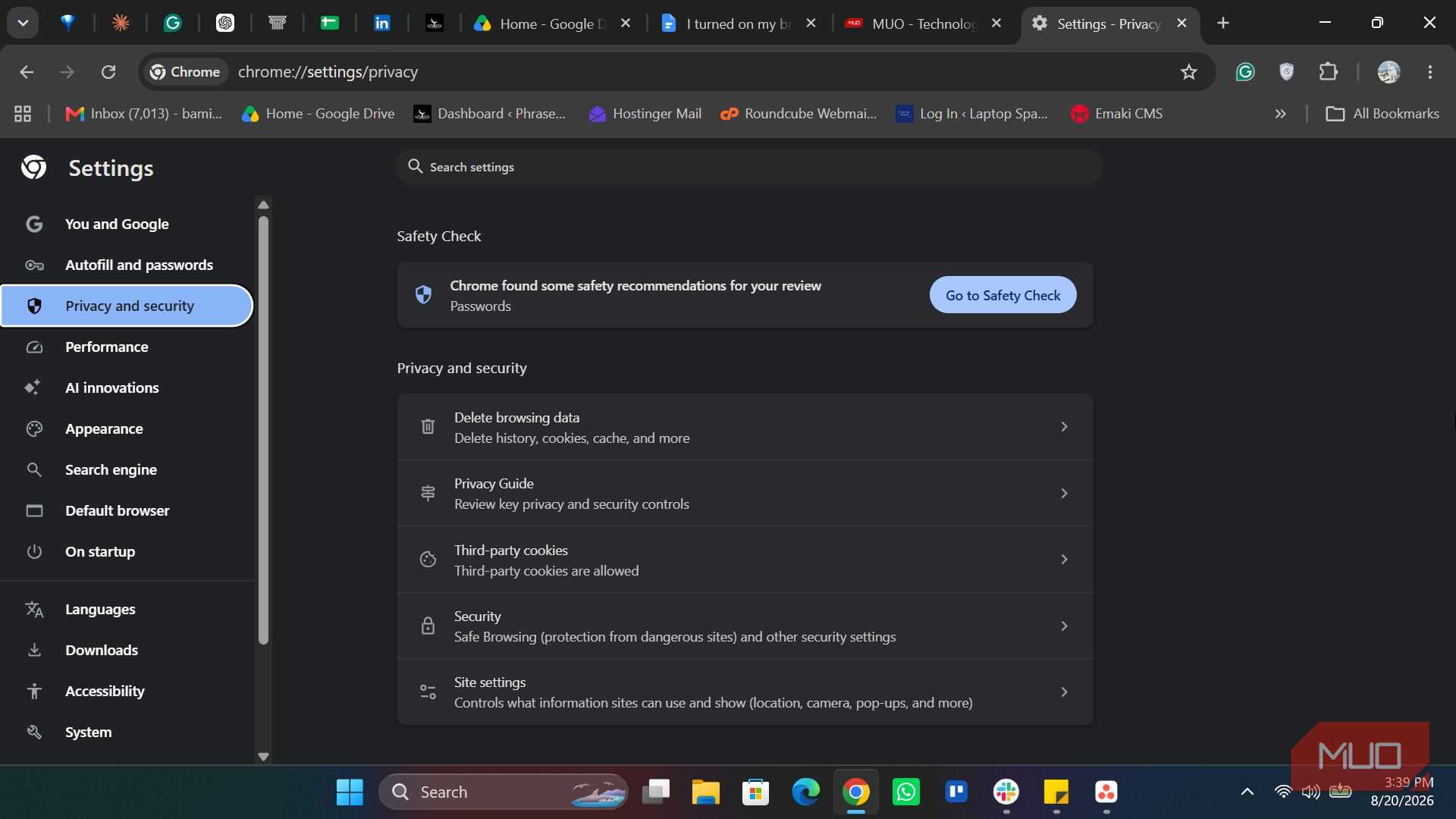Chrome Privacy and security setting