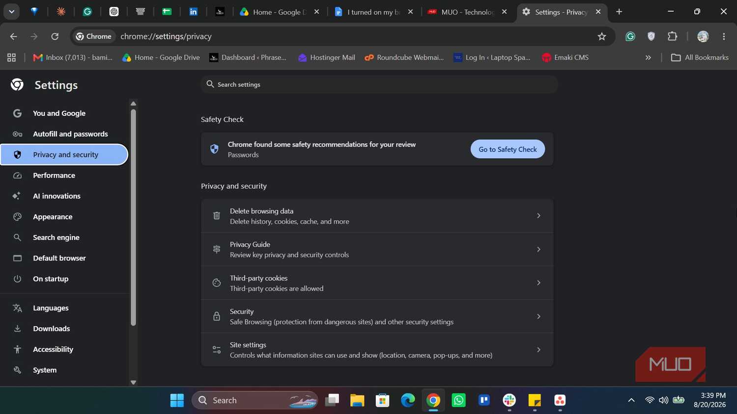 Chrome Privacy and security setting