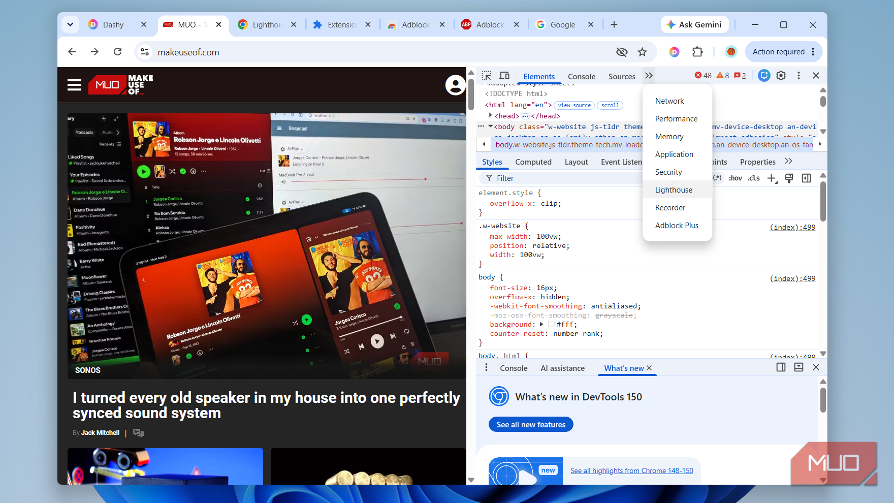 Chrome showing developer tools menu