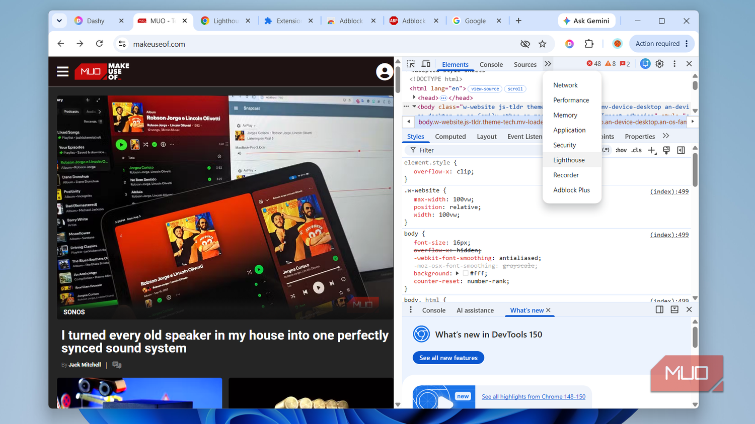 Chrome showing developer tools menu