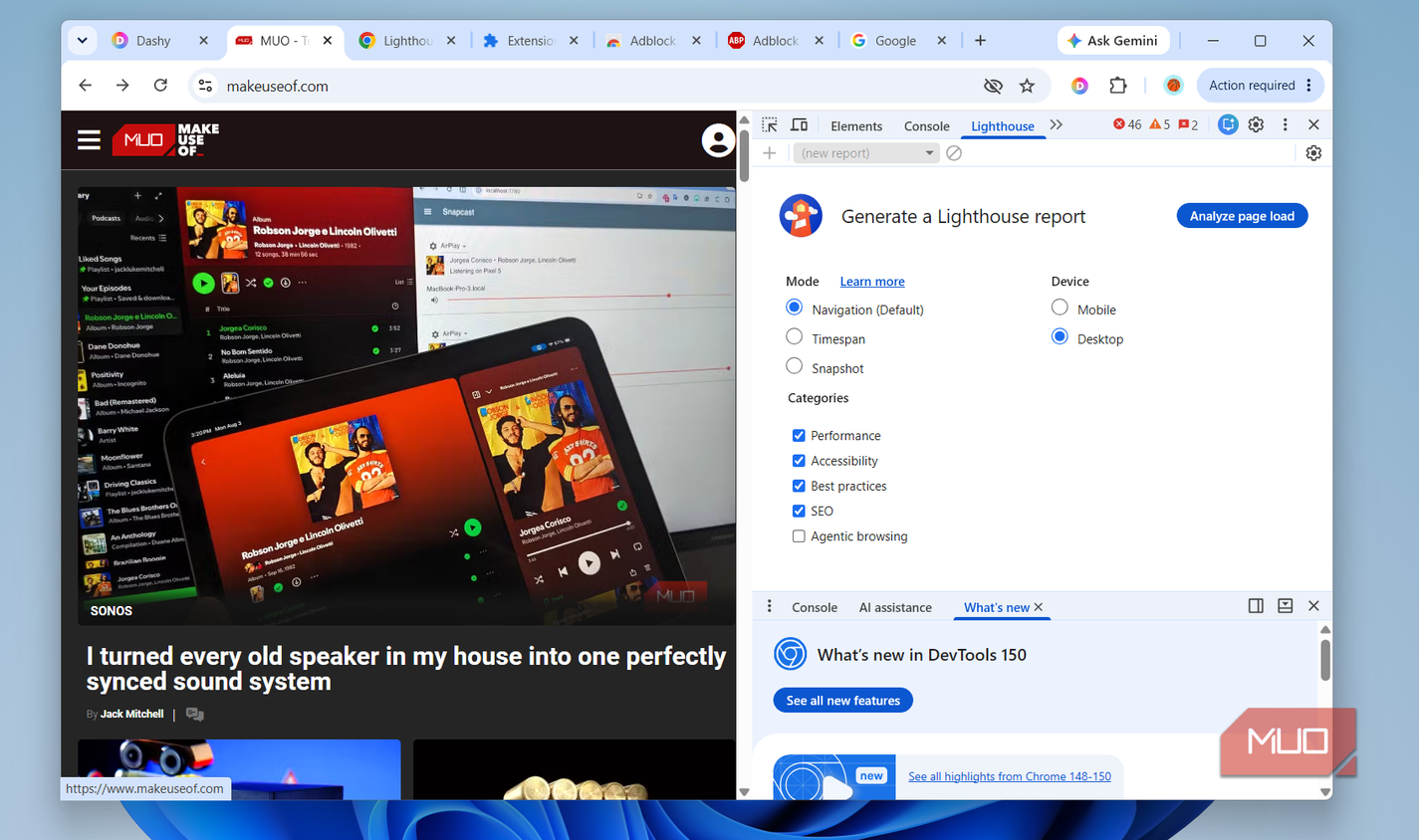 Chrome showing lighthouse extension