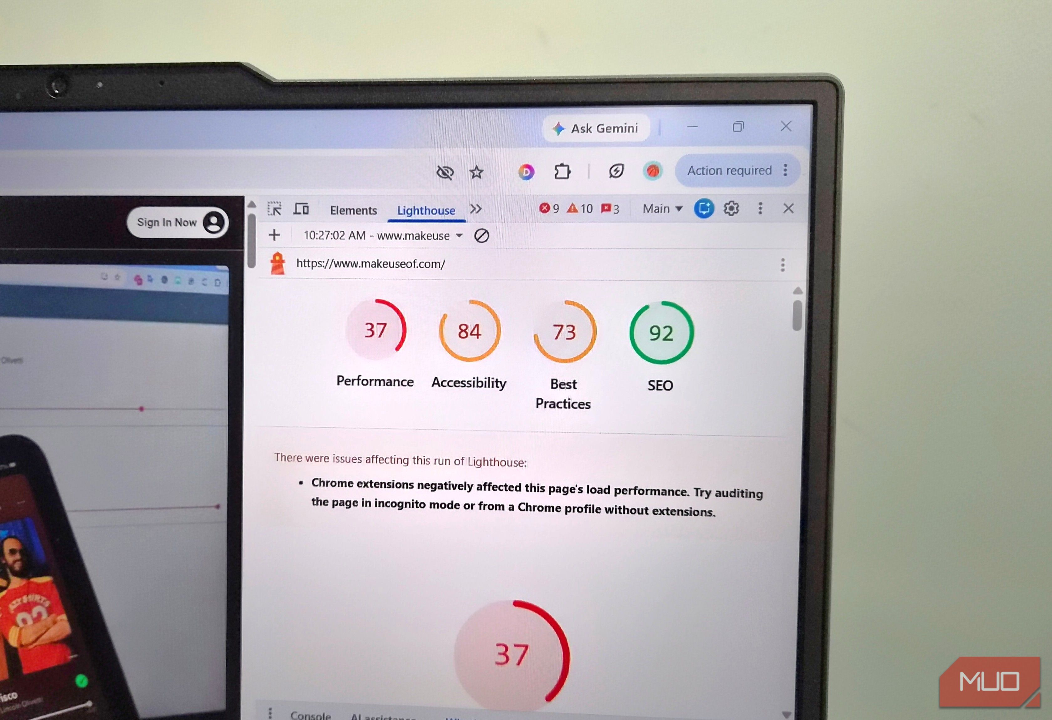 Chrome showing lighthouse speed test