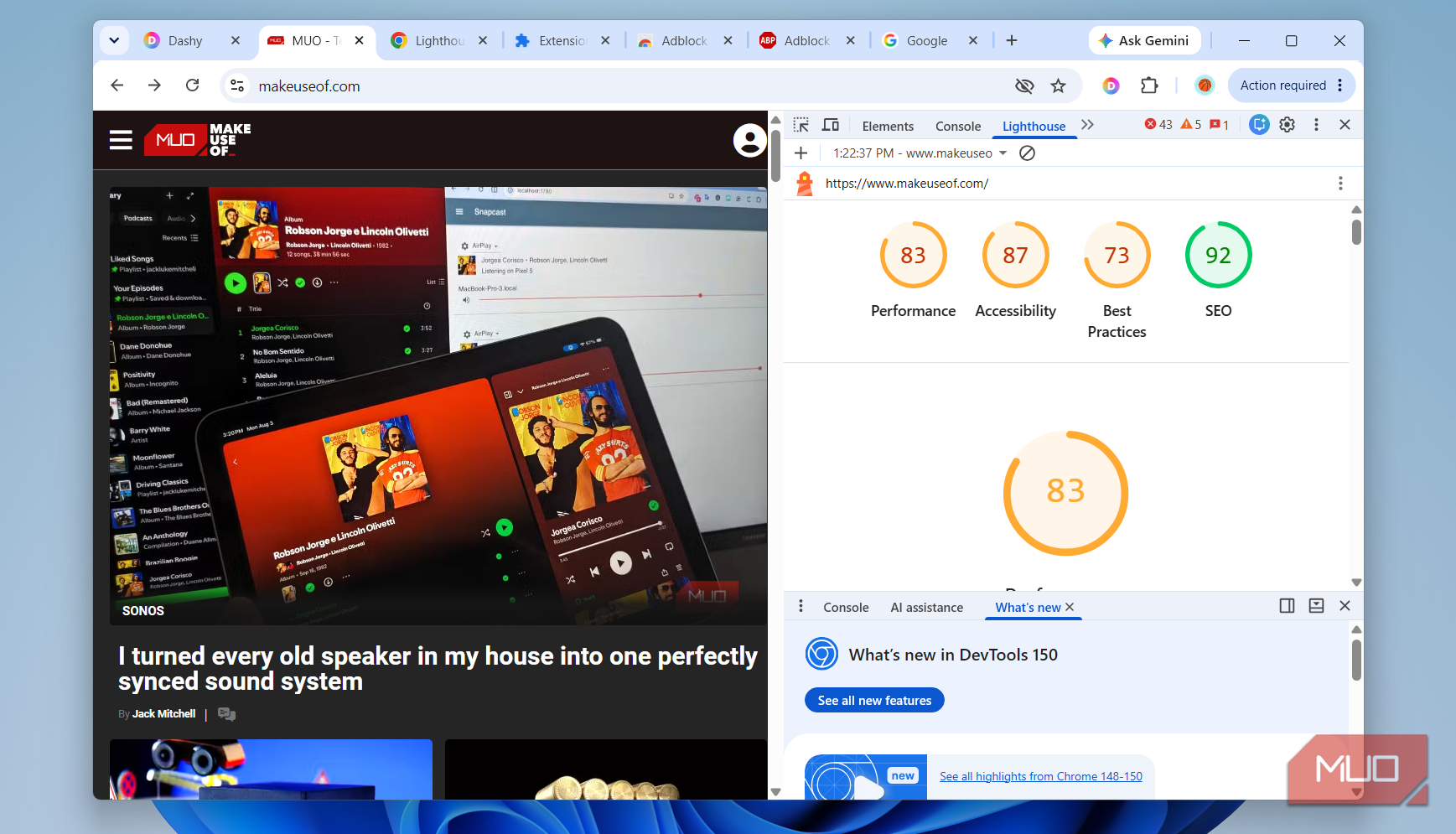 Chrome showing lighthouse test results