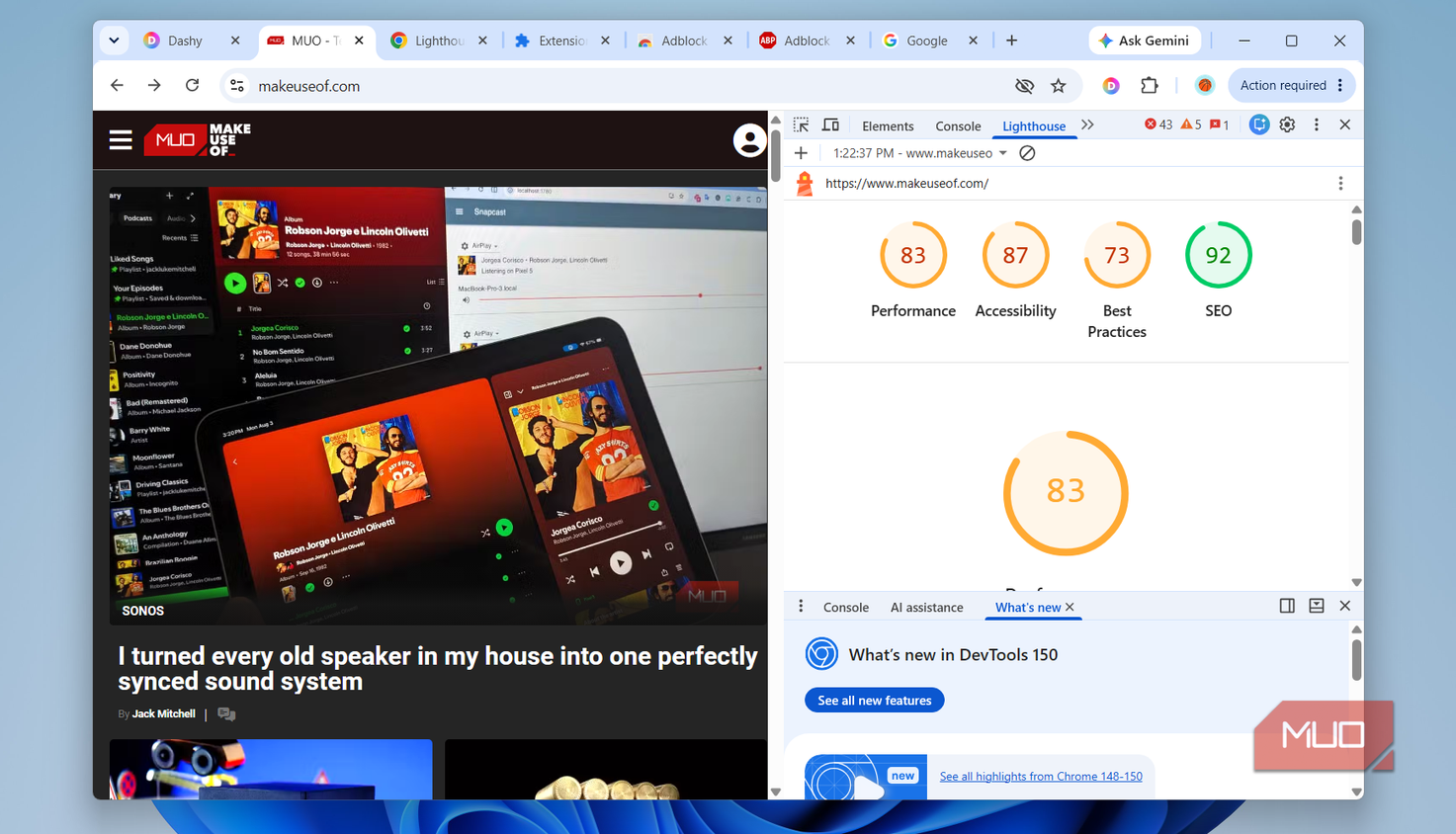 Chrome showing lighthouse test results
