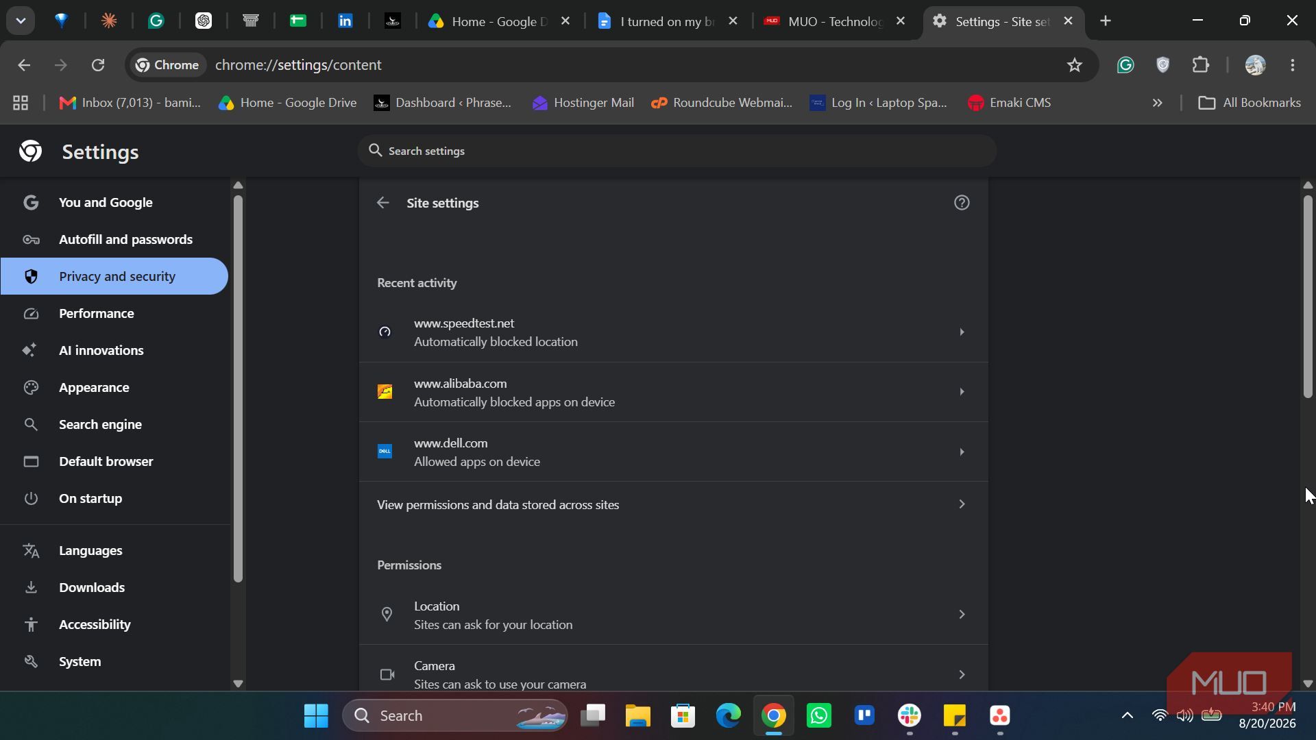 Chrome site privacy setting