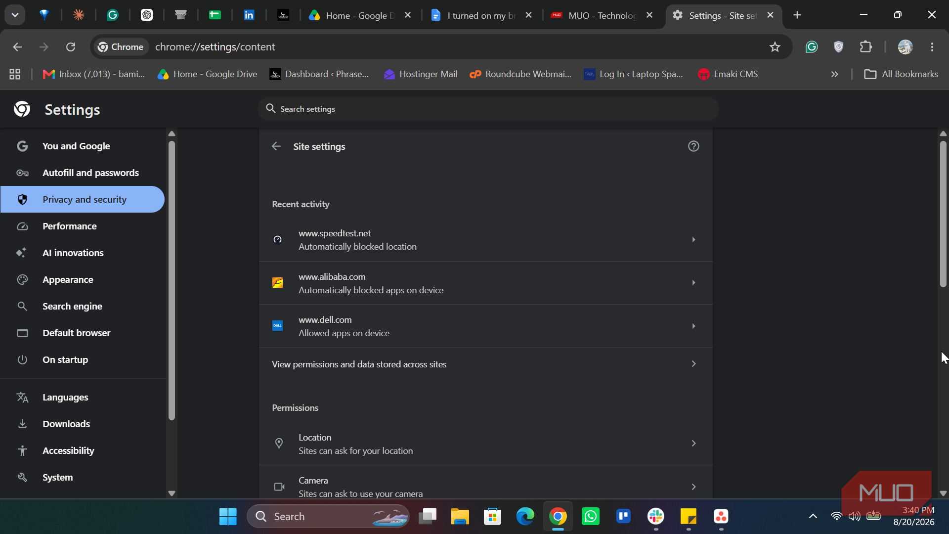 Chrome site privacy setting