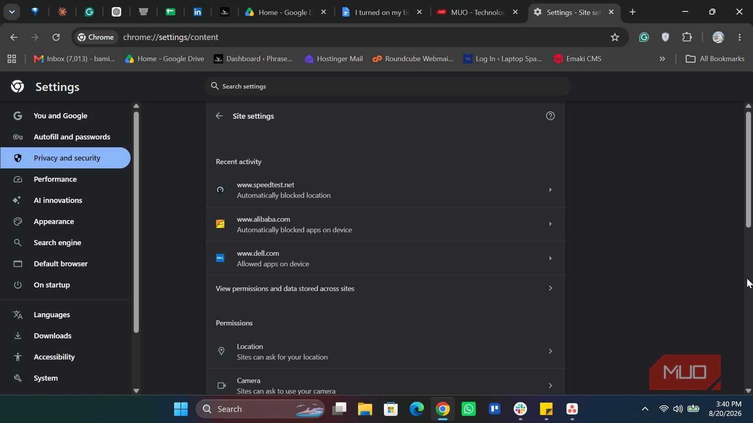 Chrome site privacy setting