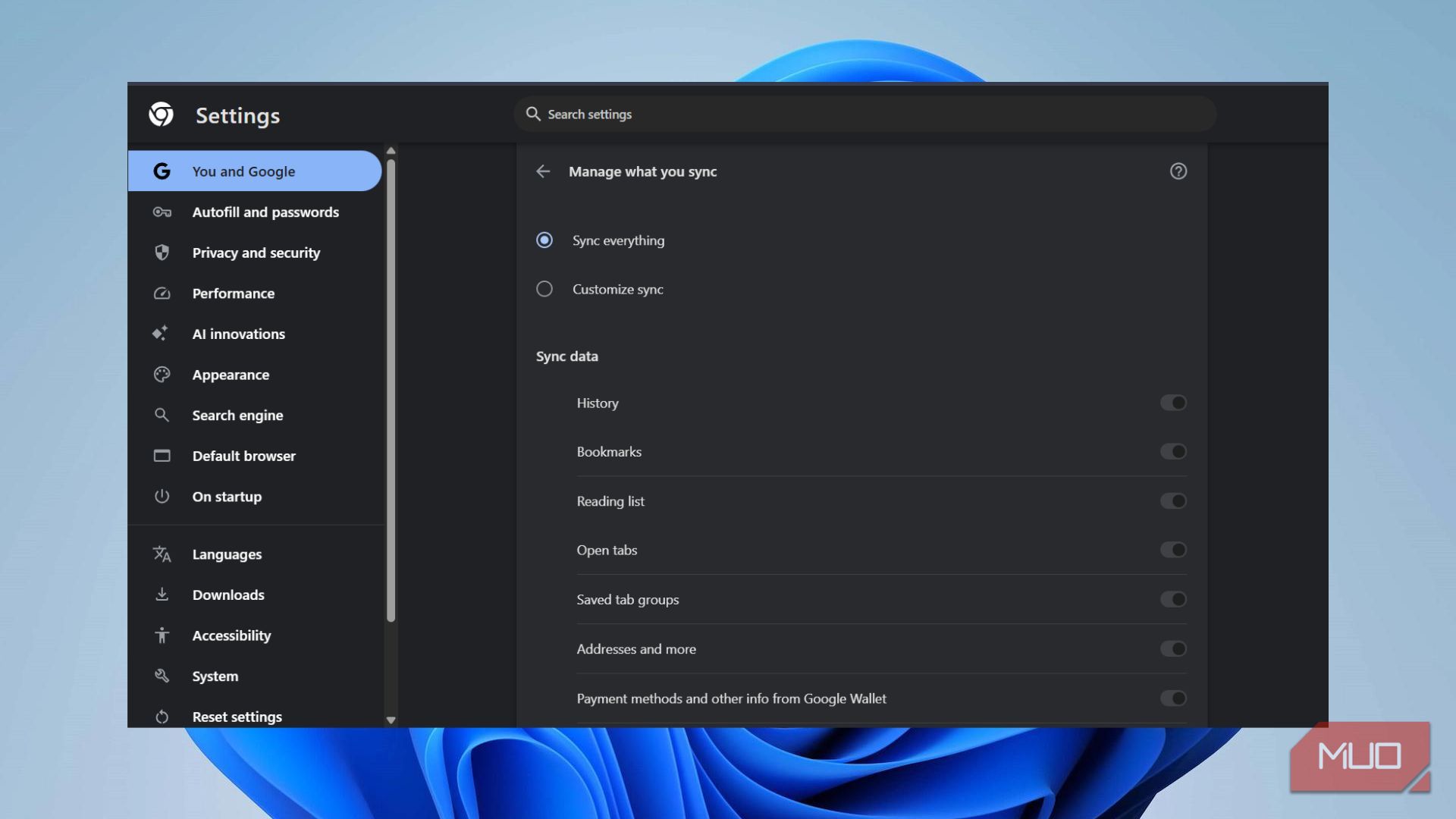 Chrome sync settings page with Sync everything radio button selected