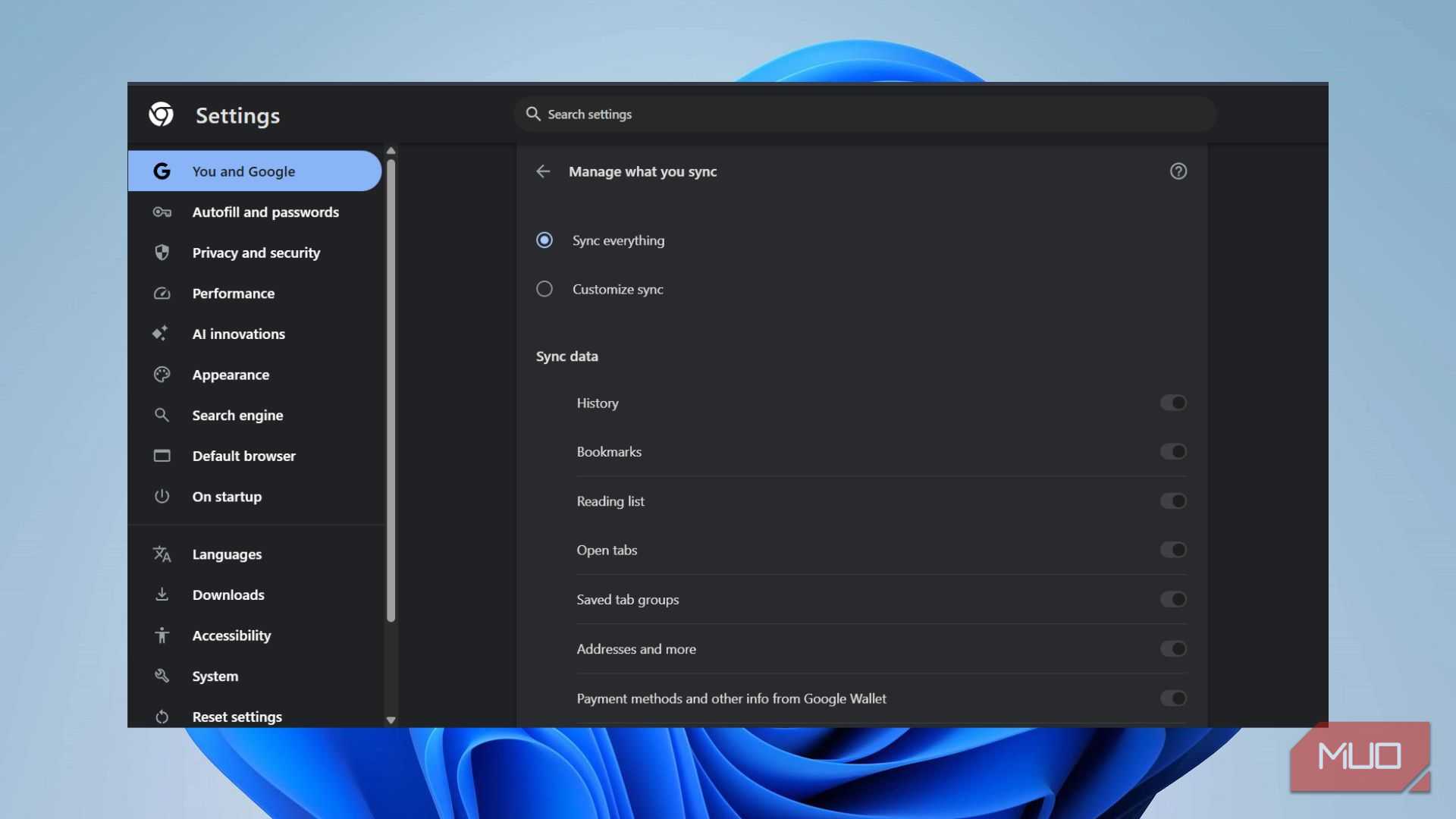 Chrome sync settings page with Sync everything radio button selected