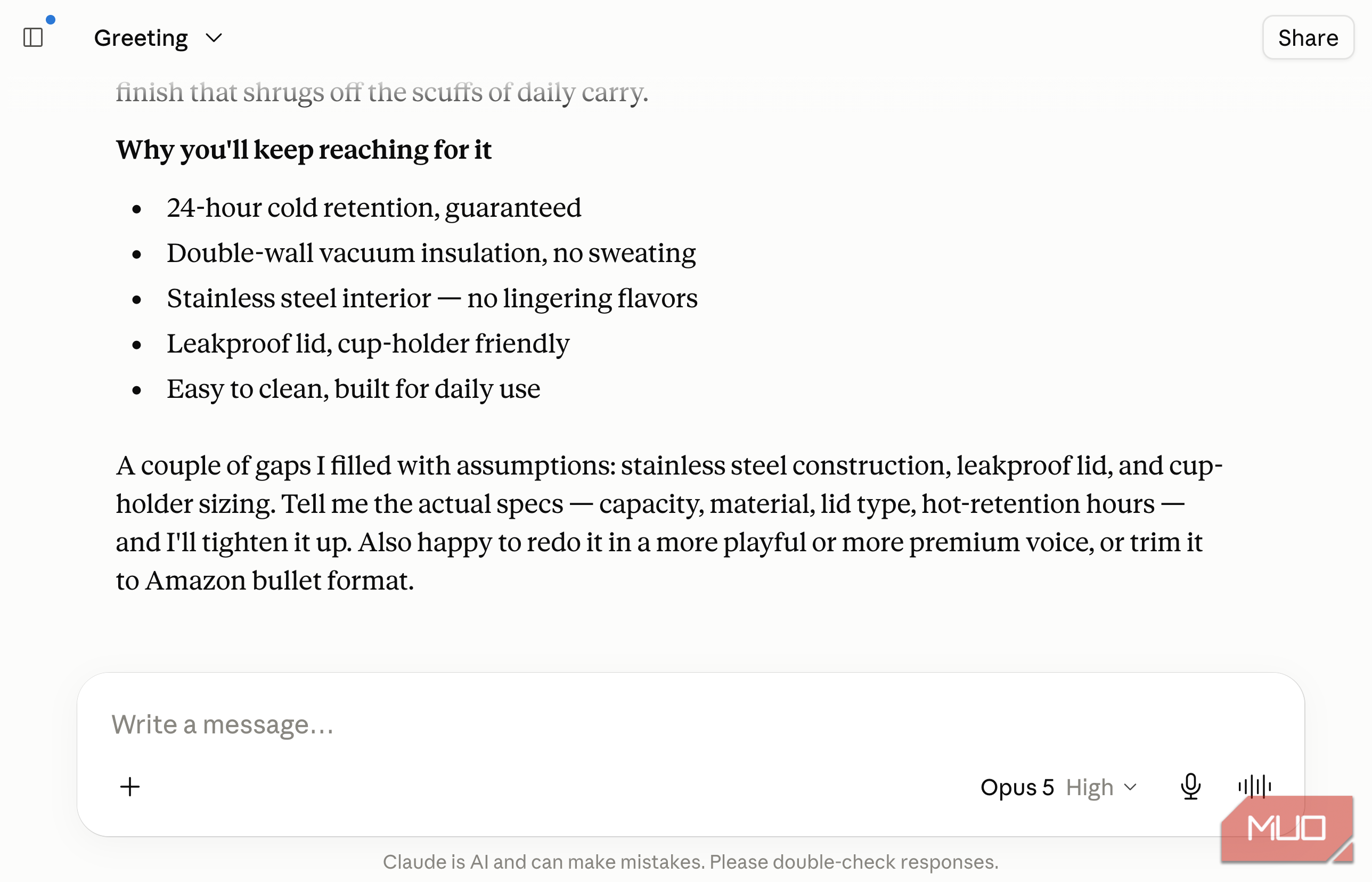 Claude chat showing the Why you'll keep reaching for it bullet list from a water bottle product description draft