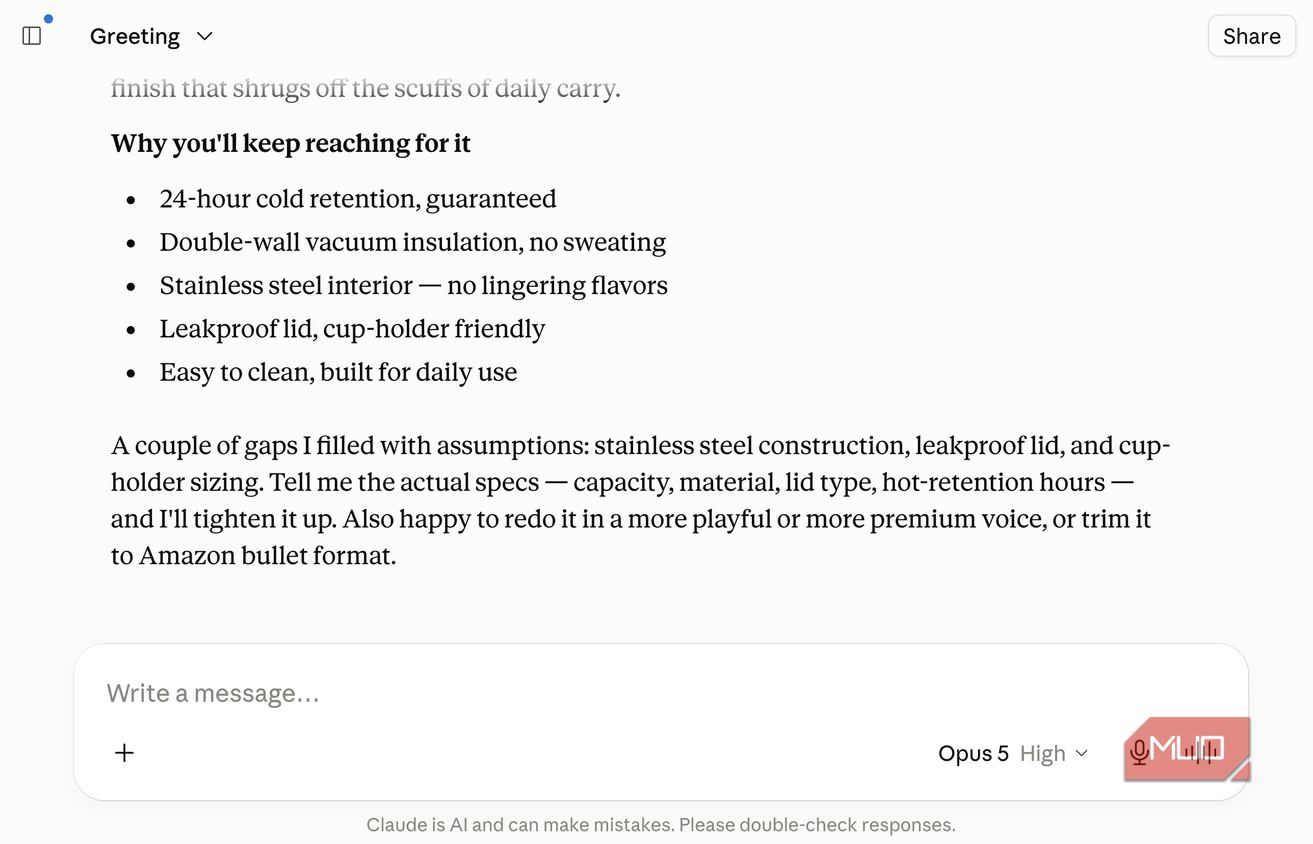 Claude chat showing the Why you'll keep reaching for it bullet list from a water bottle product description draft