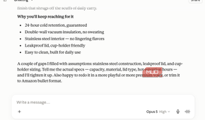 Claude chat showing the Why you'll keep reaching for it bullet list from a water bottle product description draft