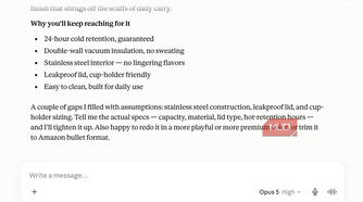 Claude chat showing the Why you'll keep reaching for it bullet list from a water bottle product description draft