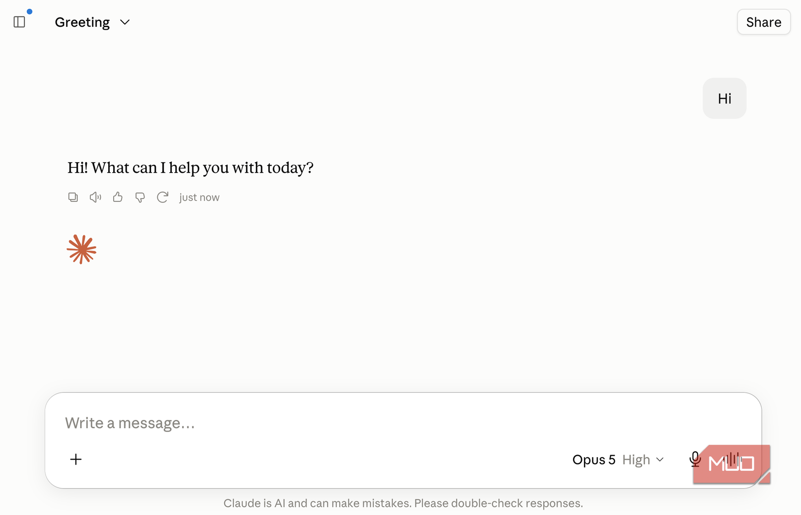 Claude chat titled Greeting showing the assistant's opening message Hi! What can I help you with today