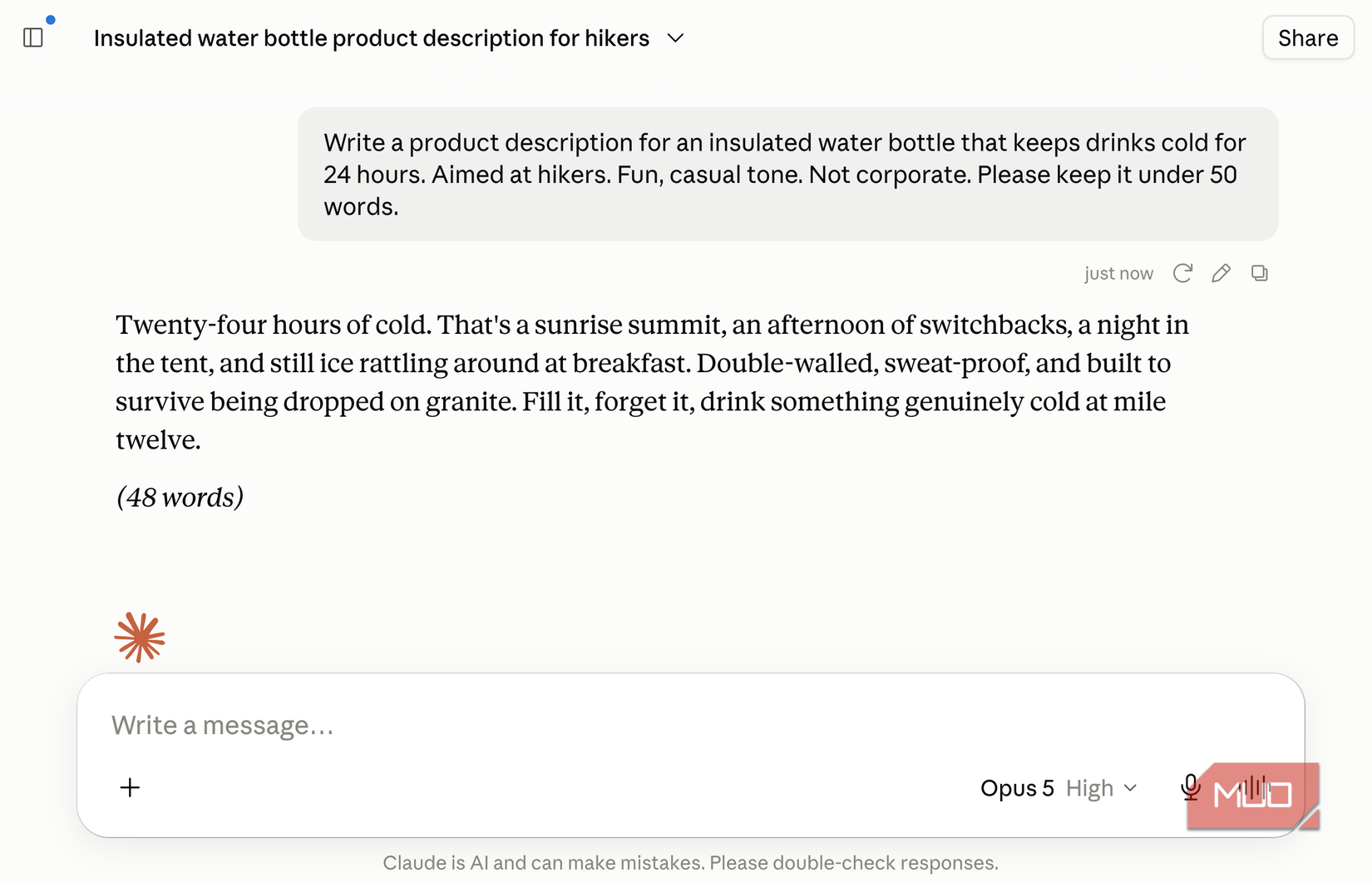 Claude chat titled Insulated water bottle product description for hikers, showing the final 48-word draft about staying cold from sunrise summit to mile twelve