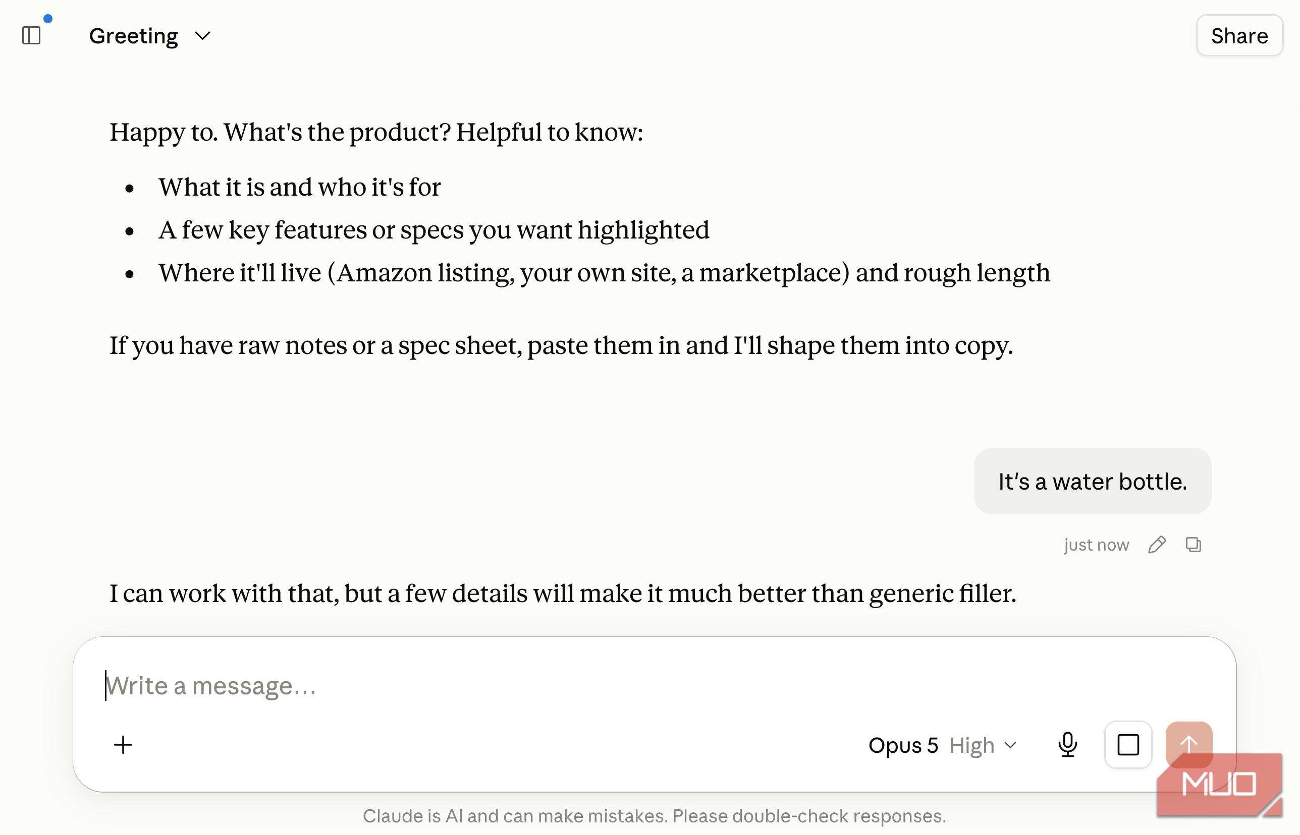 Claude chat where the assistant asks clarifying questions about a product description, and the user replies It's a water bottle