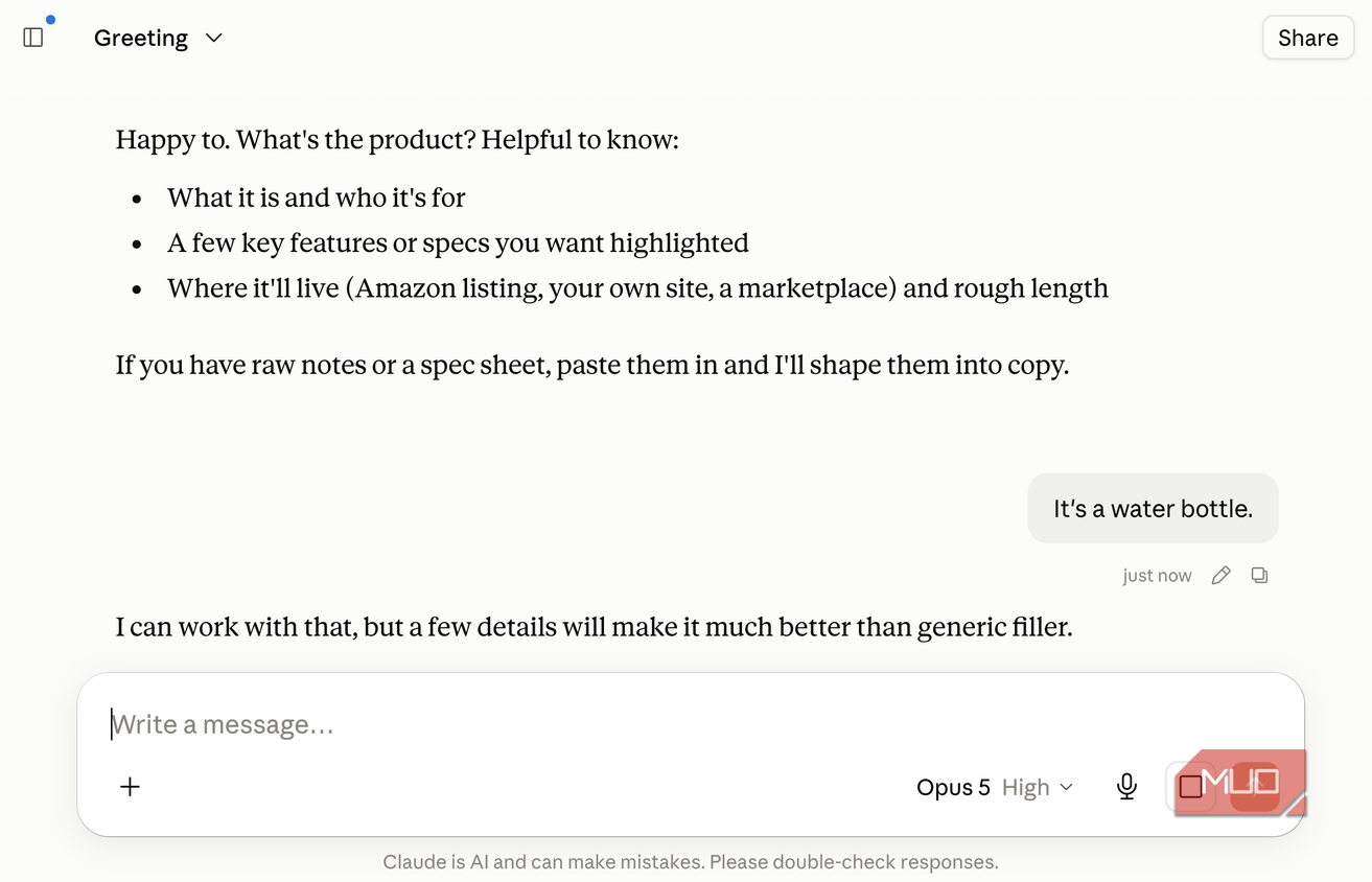 Claude chat where the assistant asks clarifying questions about a product description, and the user replies It's a water bottle
