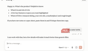 Claude chat where the assistant asks clarifying questions about a product description, and the user replies It's a water bottle