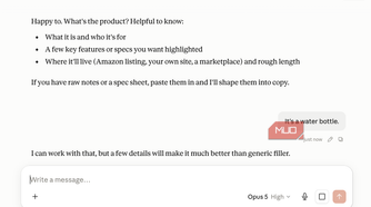 Claude chat where the assistant asks clarifying questions about a product description, and the user replies It's a water bottle