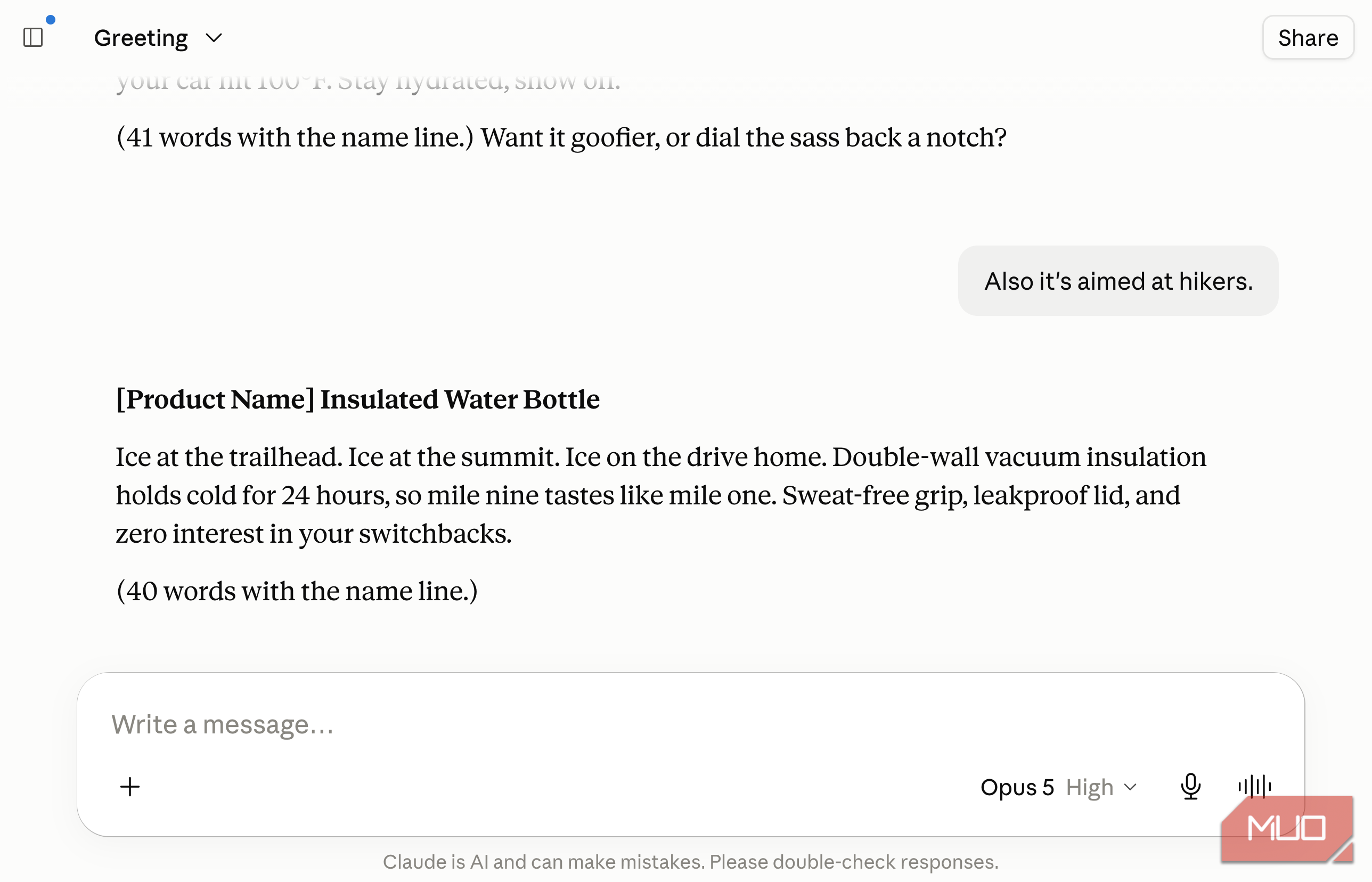Claude chat where the user adds Also it's aimed at hikers, and the assistant rewrites the description around a trailhead, summit, and switchbacks