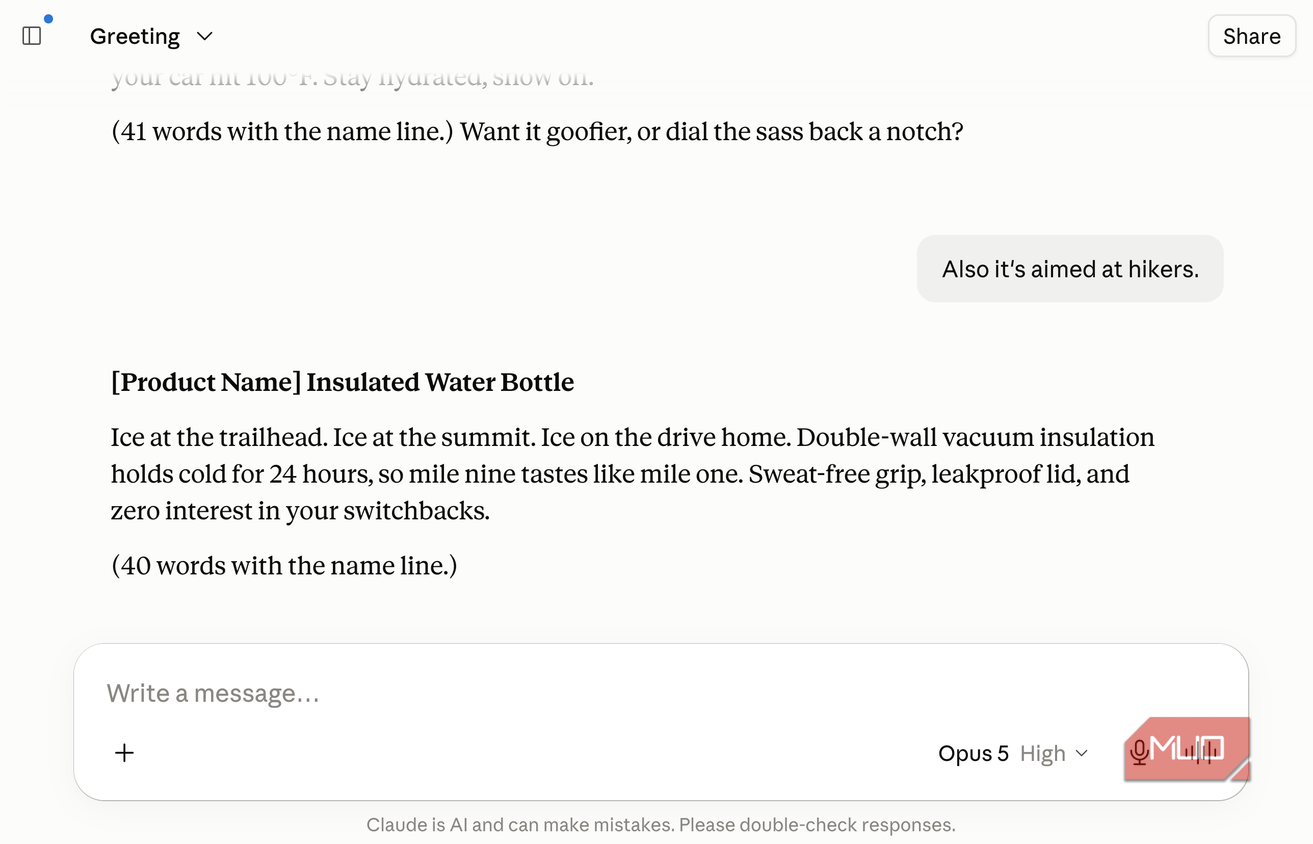 Claude chat where the user adds Also it's aimed at hikers, and the assistant rewrites the description around a trailhead, summit, and switchbacks
