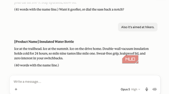 Claude chat where the user adds Also it's aimed at hikers, and the assistant rewrites the description around a trailhead, summit, and switchbacks