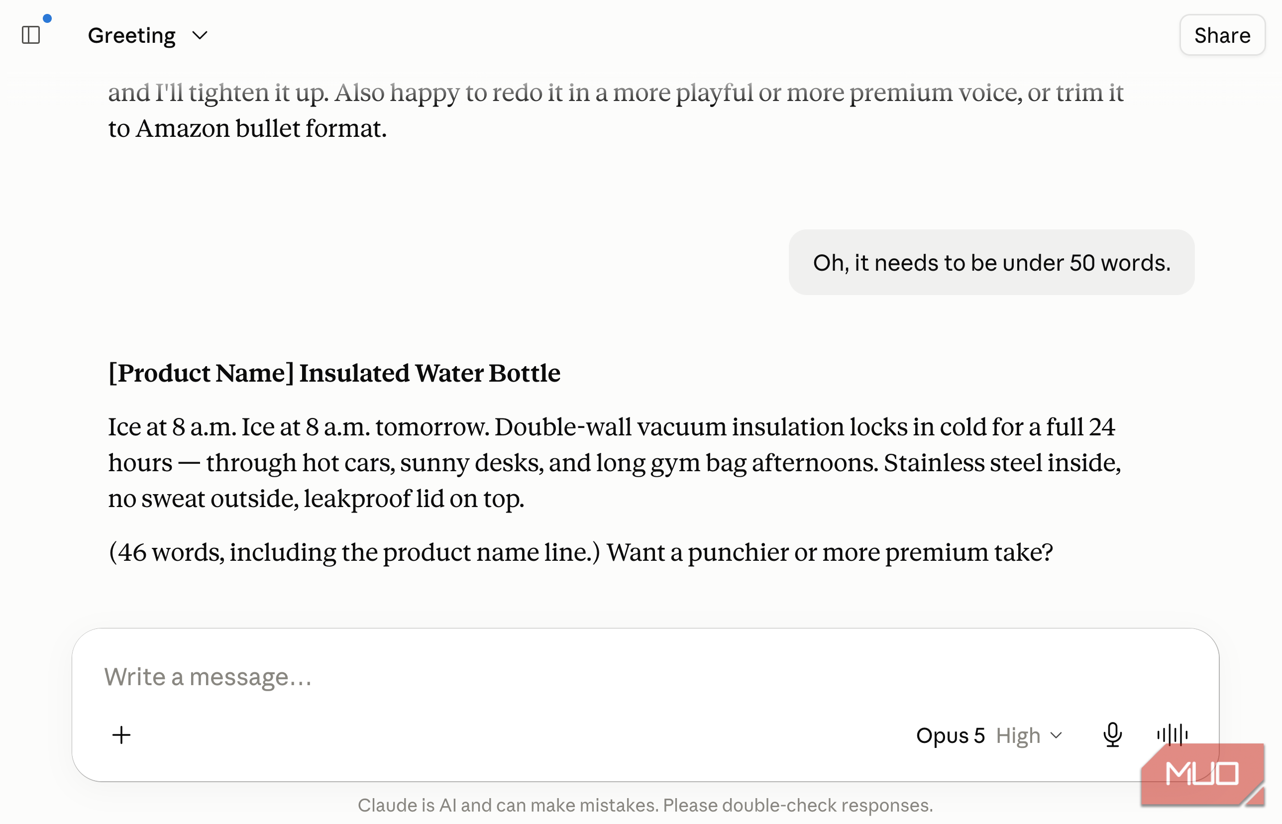 Claude chat where the user asks for the description to be under 50 words, and the assistant returns a 46-word version