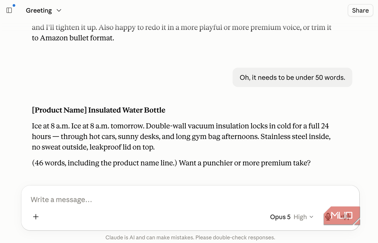 Claude chat where the user asks for the description to be under 50 words, and the assistant returns a 46-word version