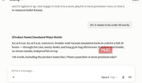 Claude chat where the user asks for the description to be under 50 words, and the assistant returns a 46-word version