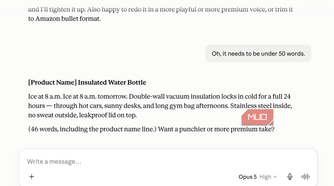 Claude chat where the user asks for the description to be under 50 words, and the assistant returns a 46-word version