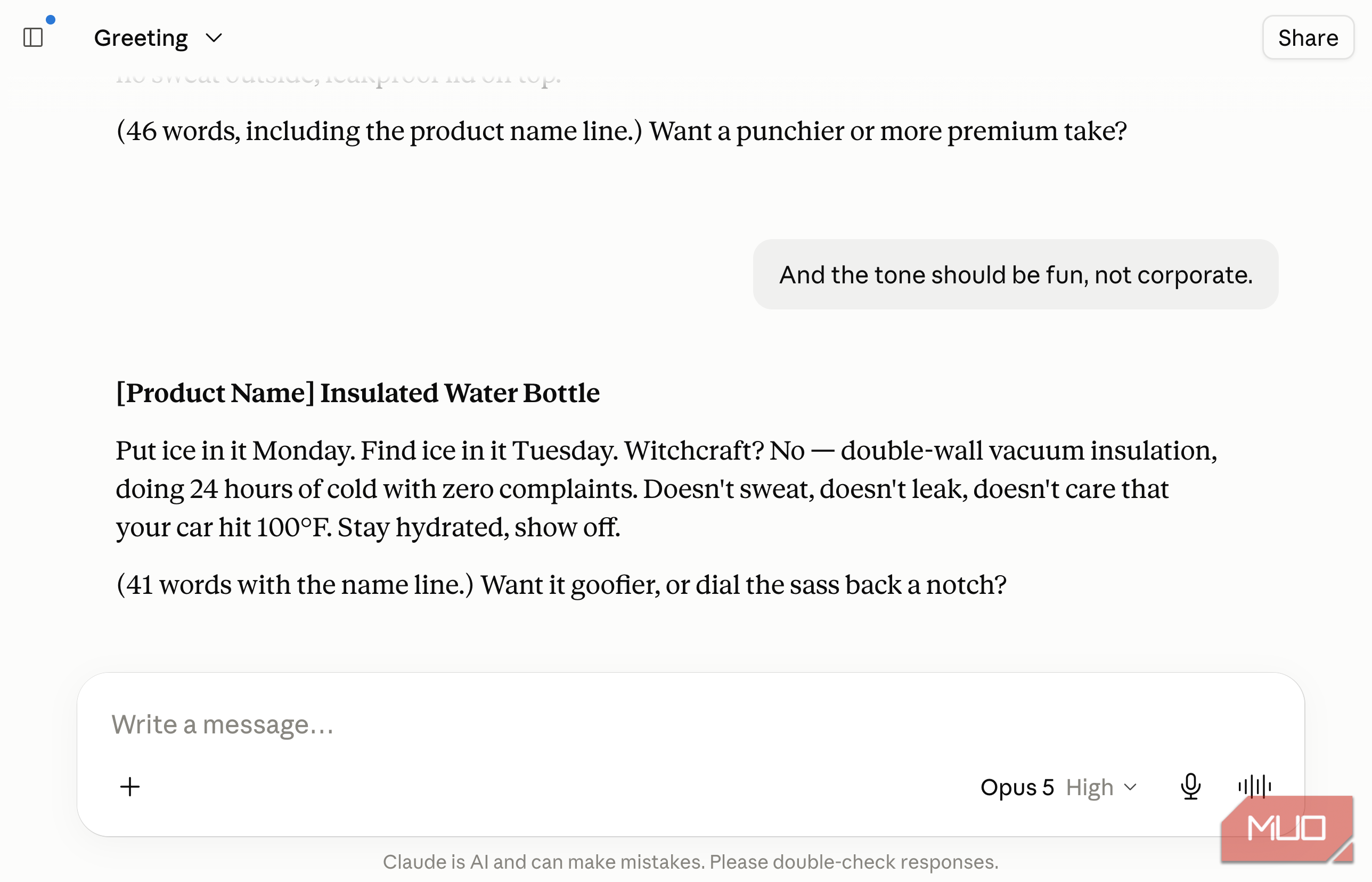 Claude chat where the user requests a fun, non-corporate tone, and the assistant rewrites the water bottle description with a joke about witchcraft