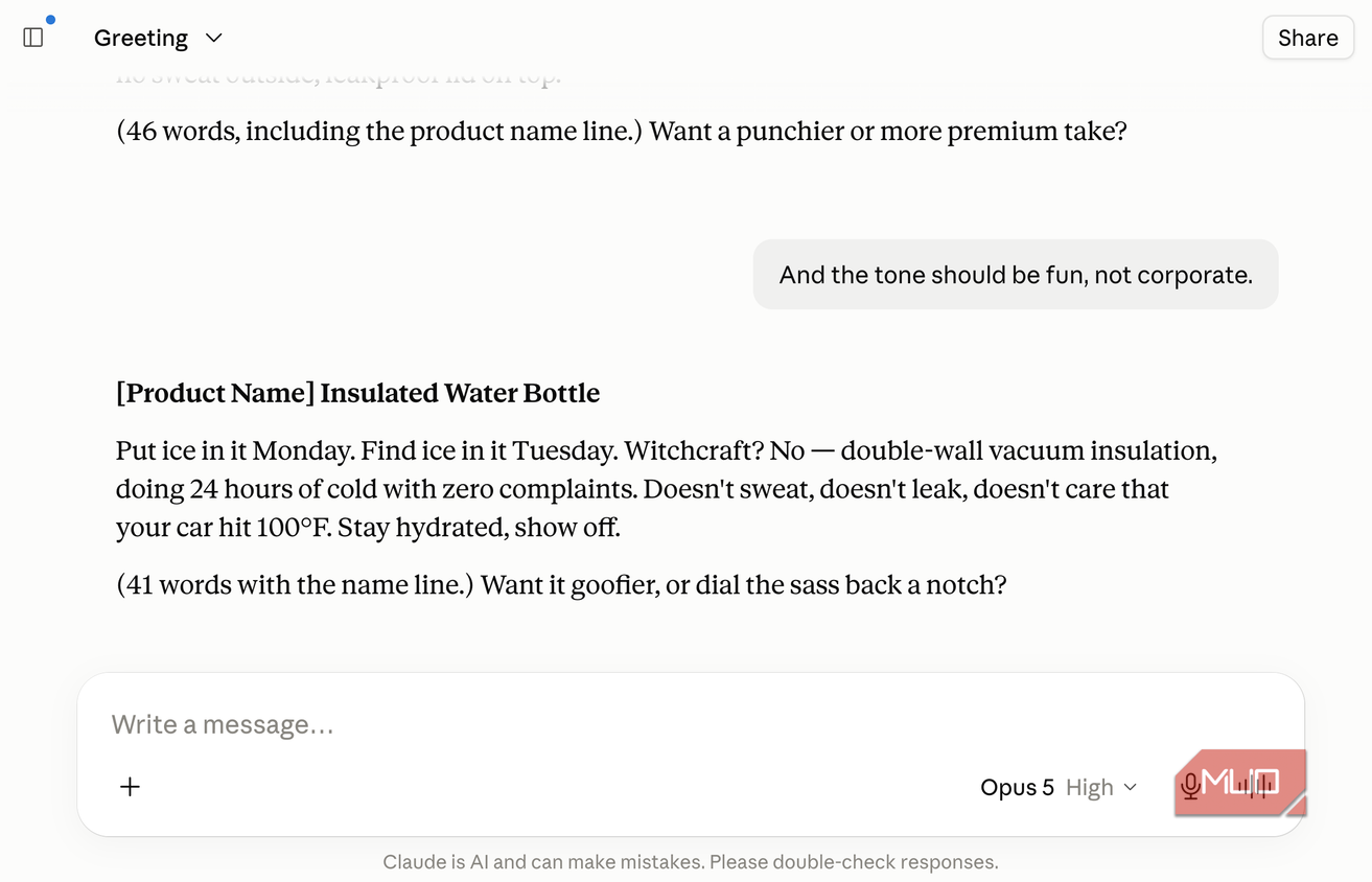 Claude chat where the user requests a fun, non-corporate tone, and the assistant rewrites the water bottle description with a joke about witchcraft