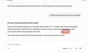 Claude chat where the user requests a fun, non-corporate tone, and the assistant rewrites the water bottle description with a joke about witchcraft