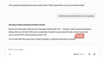 Claude chat where the user requests a fun, non-corporate tone, and the assistant rewrites the water bottle description with a joke about witchcraft