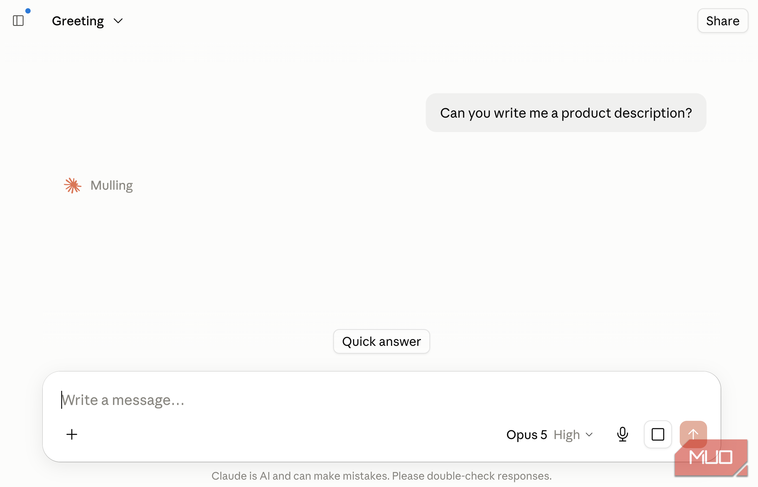 Claude chat with user asking Can you write me a product description while the response is still loading (Mulling)