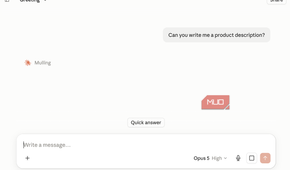 Claude chat with user asking Can you write me a product description while the response is still loading (Mulling)